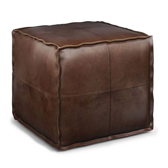 Open Box - WyndenHall -Faux Leather Cotton Pouf Footrest Distr Brown
